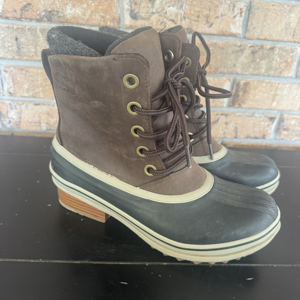 Sorel Womens Size 8.5 Black Brown Waterproof Leather Duck Boots Slimpack III
